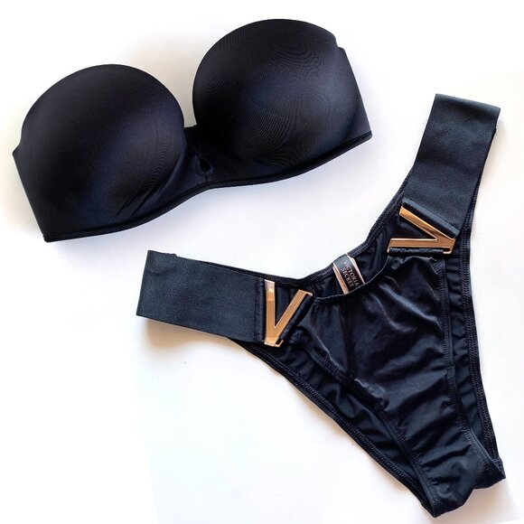Victoria's Secret SET Strapless Bra Sz 32B Black Push Up, Bottoms Sz M - Picture 1 of 11